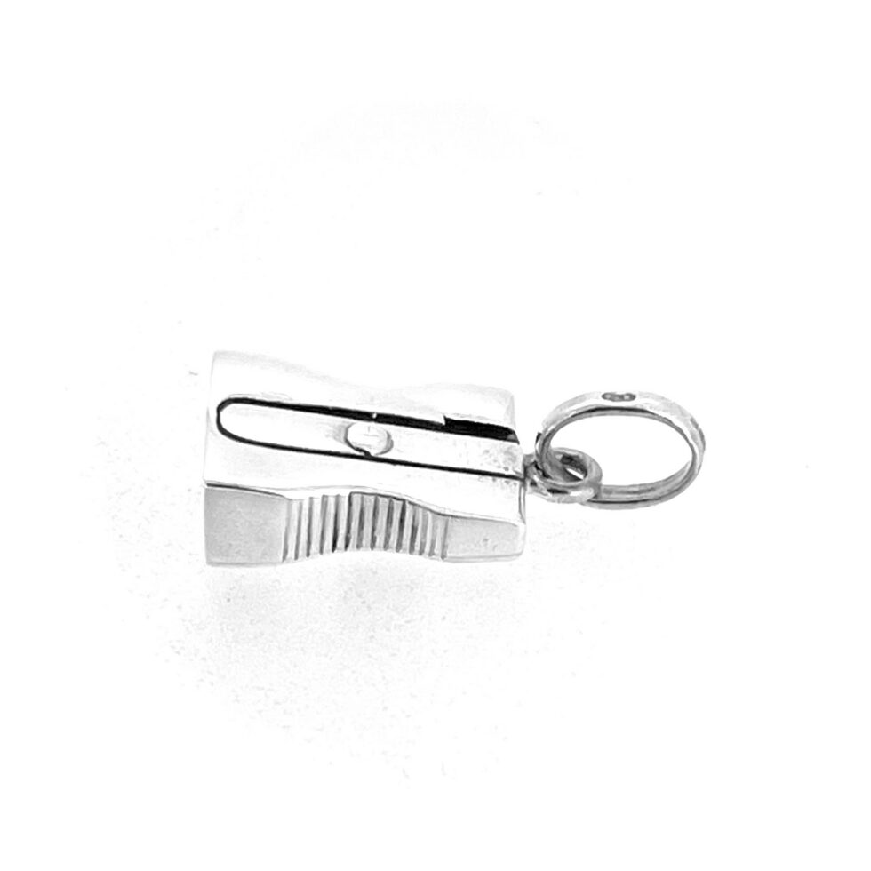 Three-dimensional pencil sharpener charm in polished silver