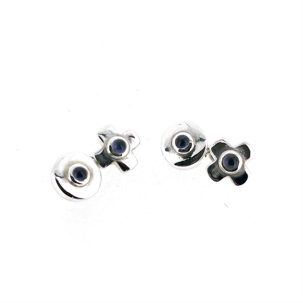 Nought and cross cufflinks with purple cabochon gemstones