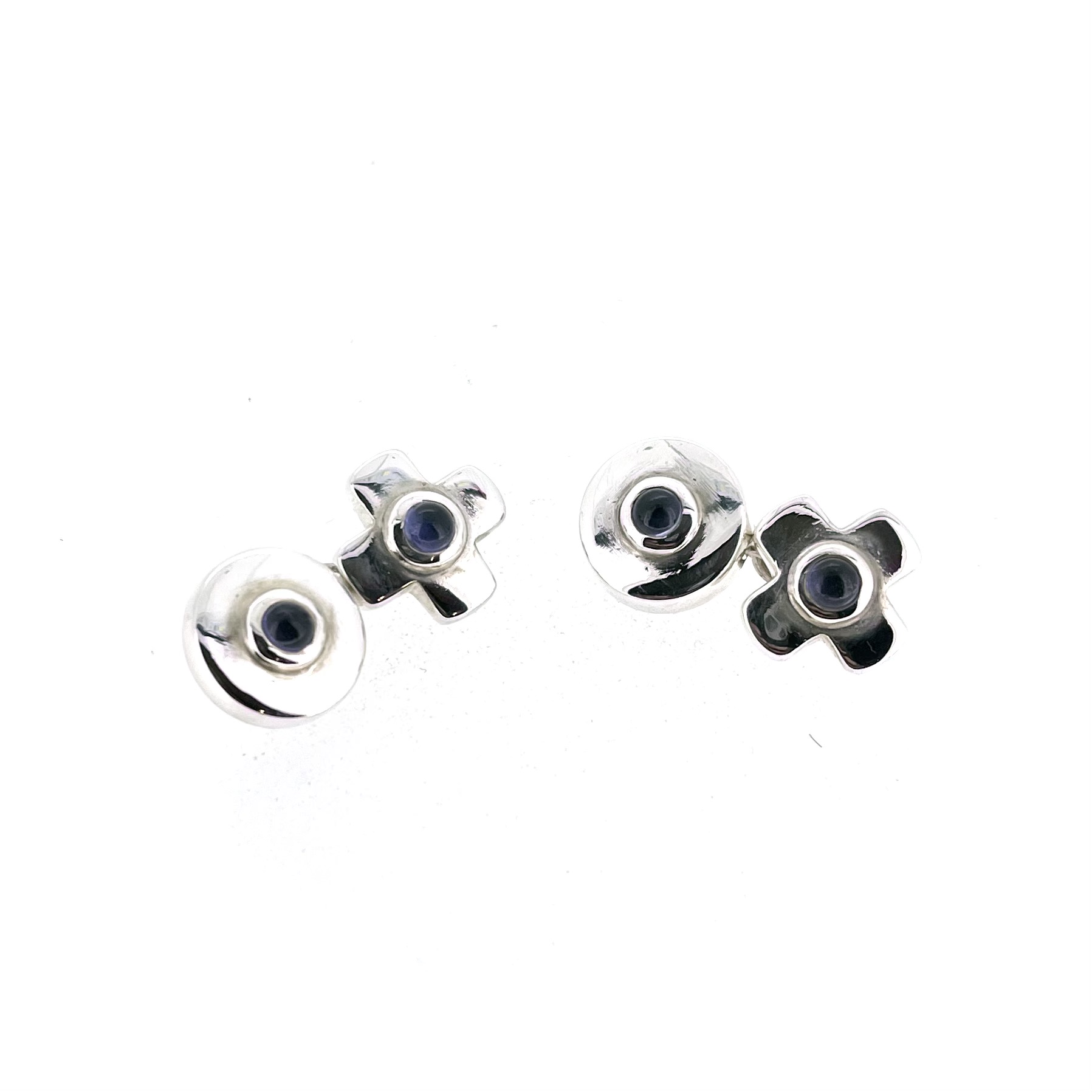 Nought and cross cufflinks with purple cabochon gemstones