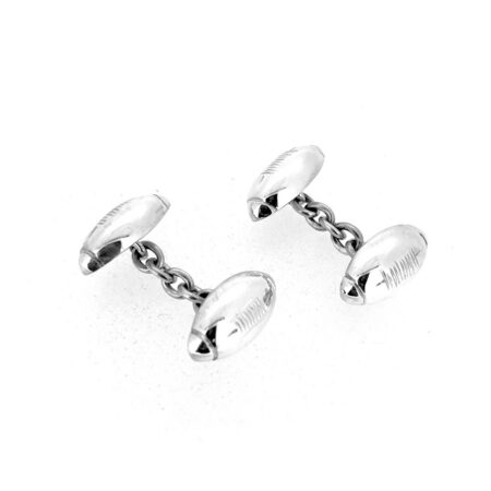 Rugby ball cufflinks showing polished sterling silver finish