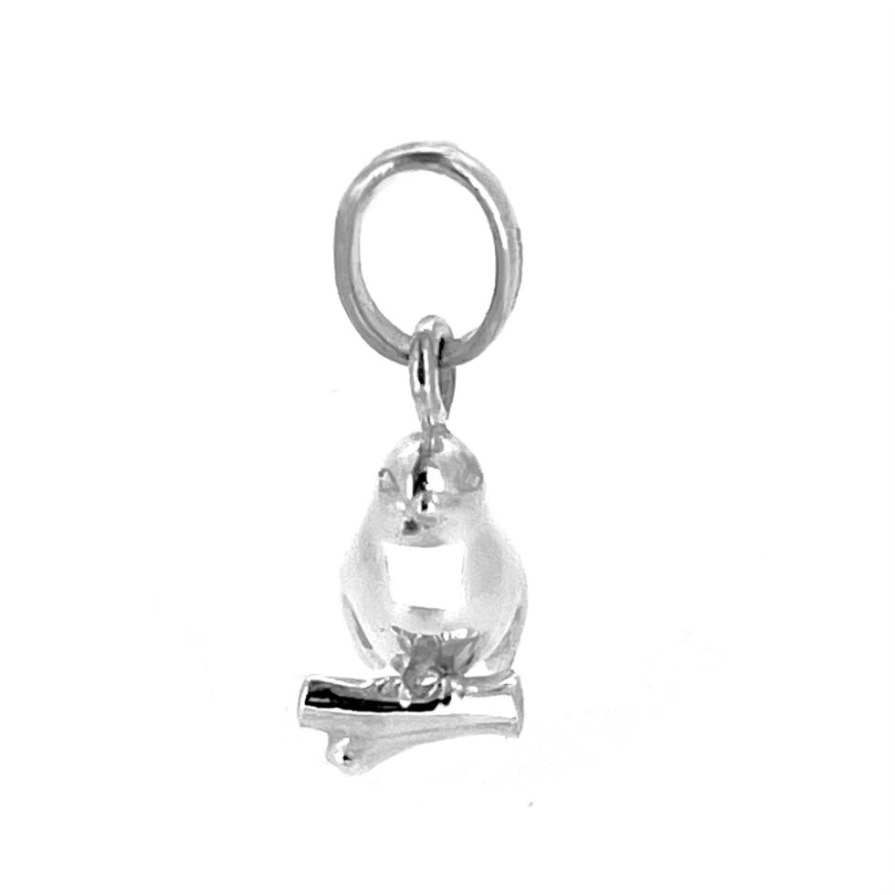 Side view of three-dimensional sterling silver bird charm