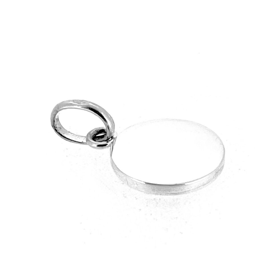 Polished sterling silver circular charm front view