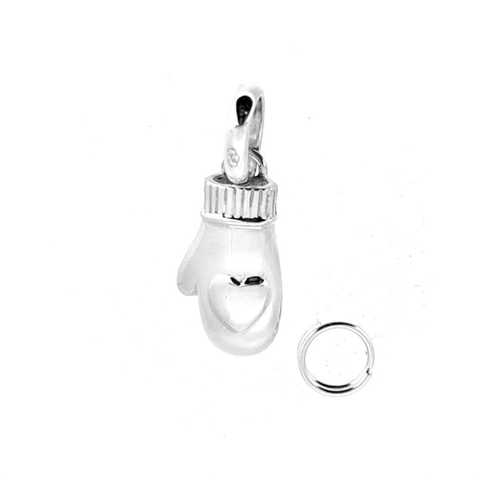 Side view of three-dimensional sterling silver mitten charm