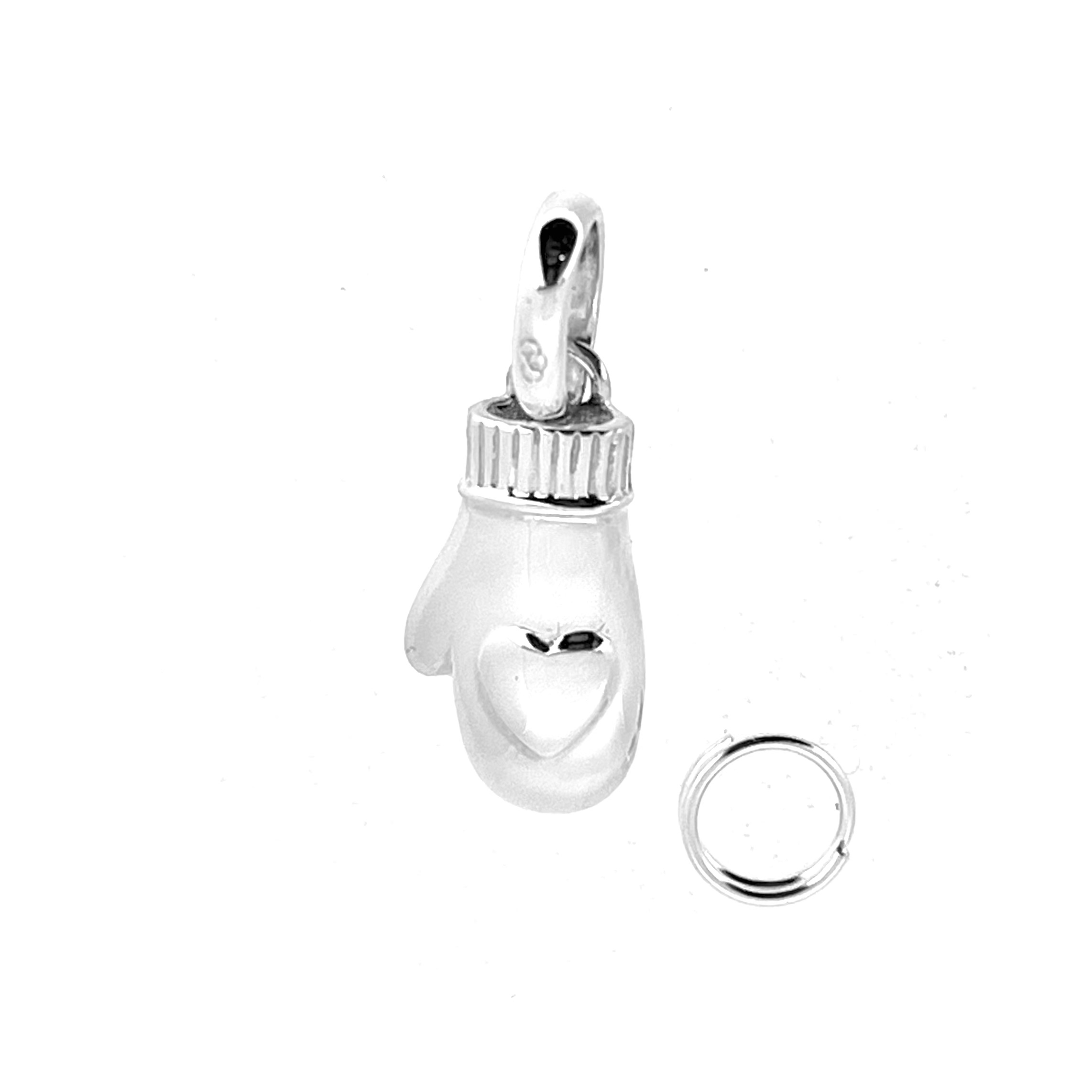 Side view of three-dimensional sterling silver mitten charm