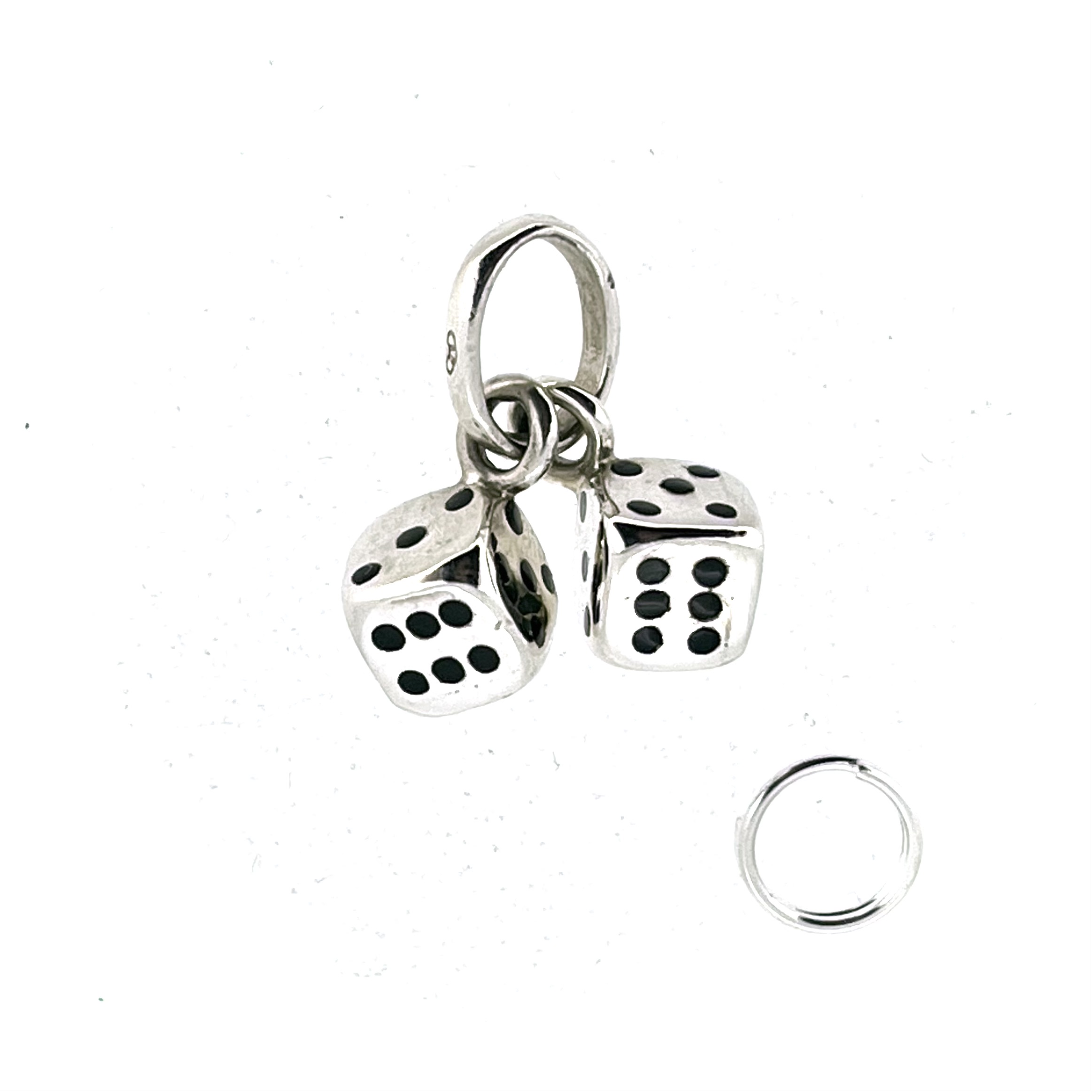 Twin silver dice charm with contrasting red enamel one pip
