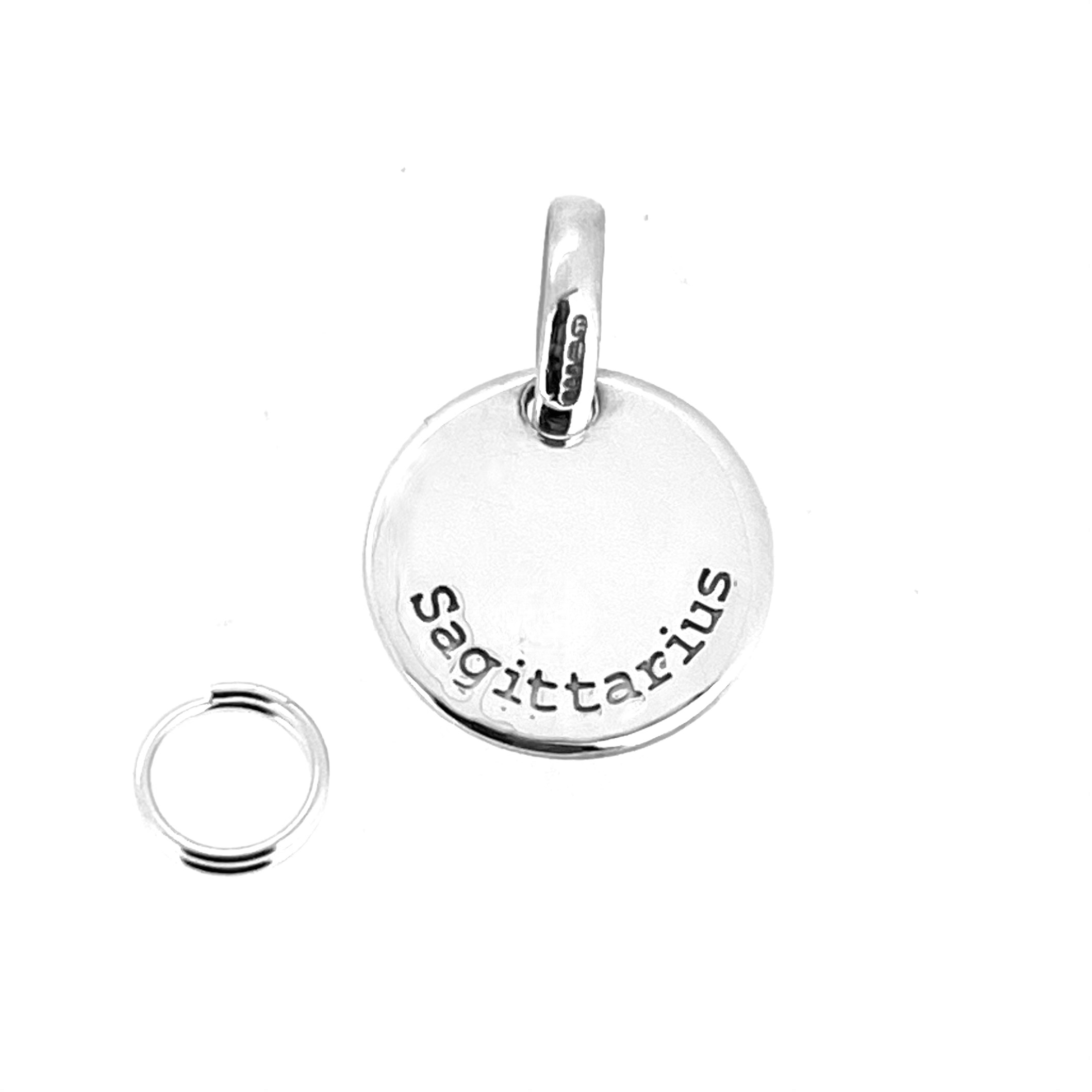 Reverse of Sagittarius charm engraved with zodiac sign name