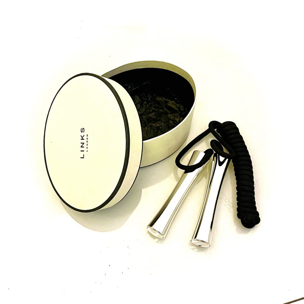 Vintage Links of London silver plated skipping rope with ivory oval box