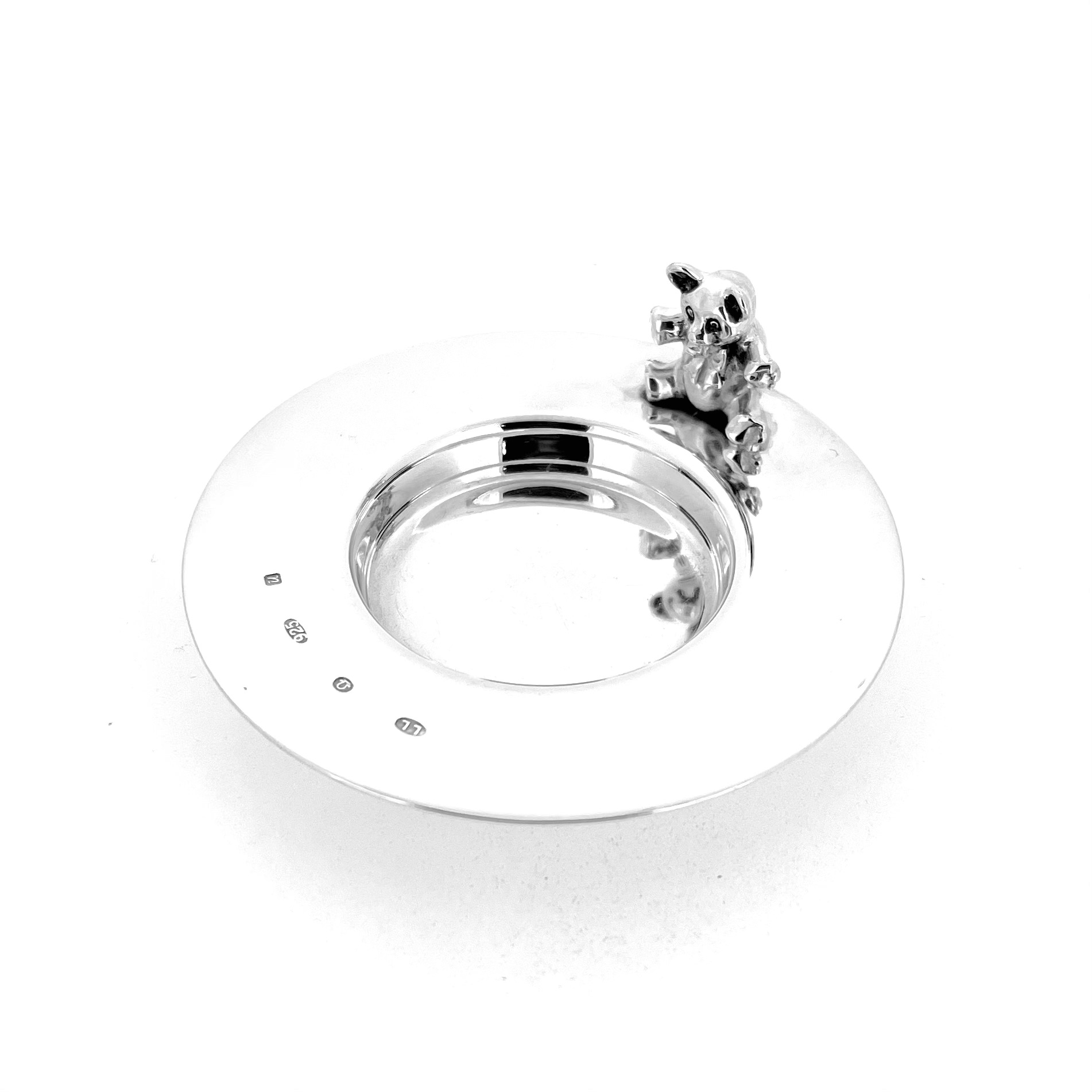 Vintage sterling silver teddy bear pin dish front view